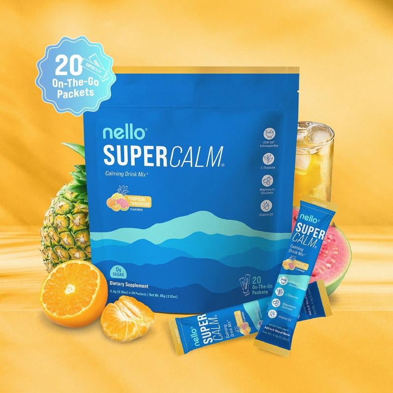 Nello Supercalm Calming Drink Mix with KSM-66 Ashwagandha Vitamin D3 Magnesium & L-Theanine Supports Cortisol Balance Mood Sleep 20 Servings Travel Packets Dietary Supplement