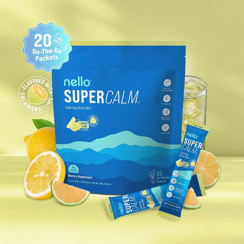 Nello Supercalm Calming Drink Mix with KSM-66 Ashwagandha Vitamin D3 Magnesium & L-Theanine Supports Cortisol Balance Mood Sleep 20 Servings Travel Packets Dietary Supplement